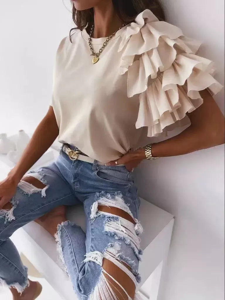 Women’s T-Shirt – Cotton Blend – Asymmetrical Ruffle Shoulder – Casual Fit – Short Sleeve