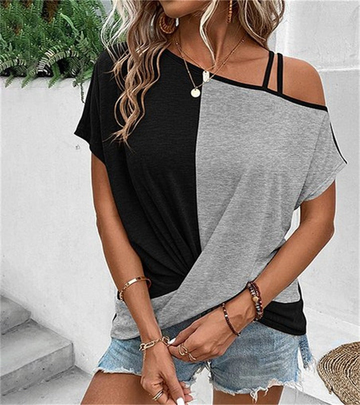 Women’s T-Shirt – Relaxed Fit – Off Shoulder – Strap Detail – Cotton – Colorblock Design