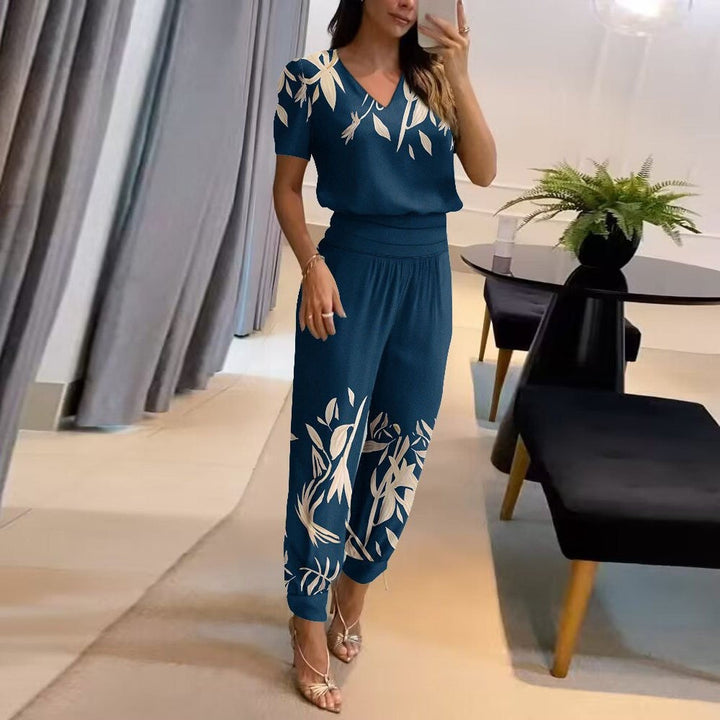 Women’s Two-Piece Set – V-Neck Short Sleeve Top – Tapered Pants – Breathable Blend