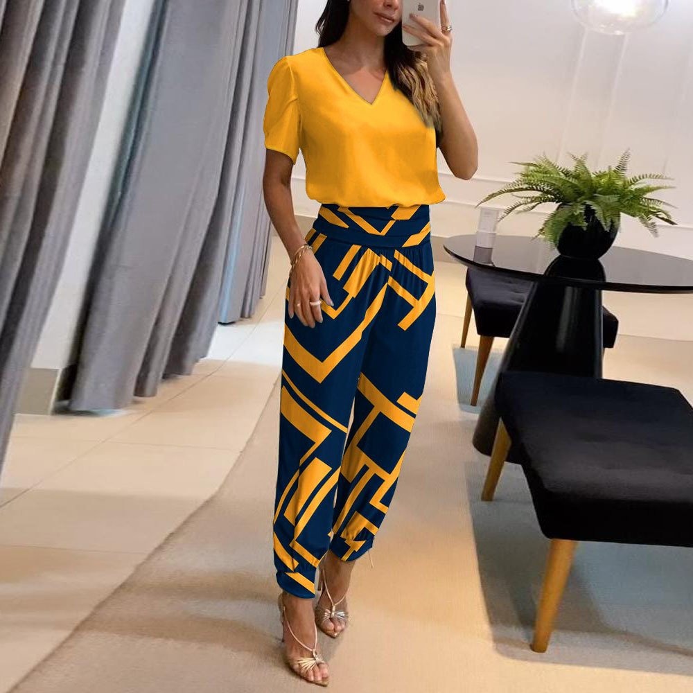 Women’s Two-Piece Set – V-Neck Short Sleeve Top – Tapered Pants – Breathable Blend