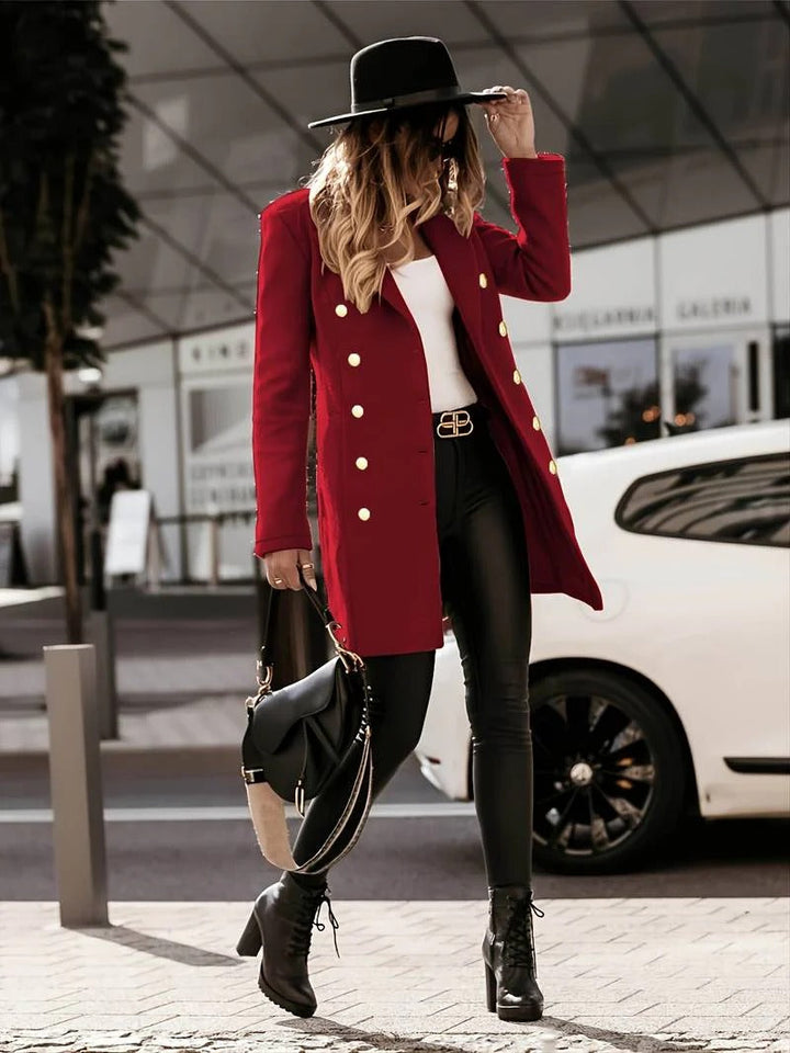 Women’s Wool Coat Jacket – Slim Fit – Double-Breasted – Tailored Lapels – Mid-Thigh Length