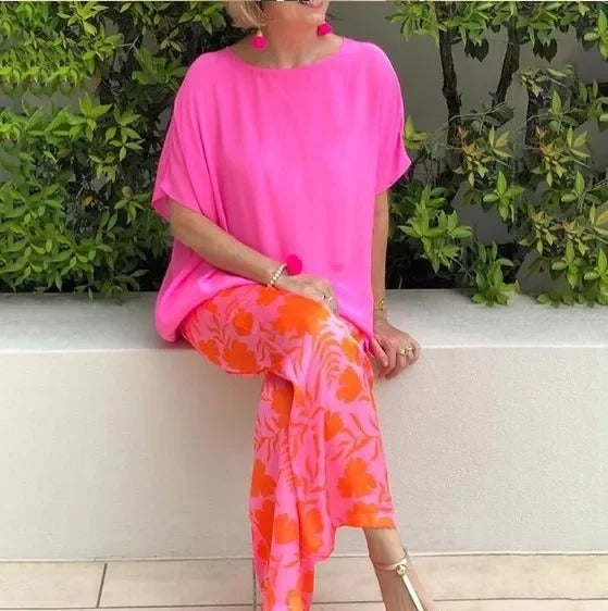 Women's Pants Set – Relaxed Fit Top – Wide Leg – Cotton – Floral Print – Casual Style