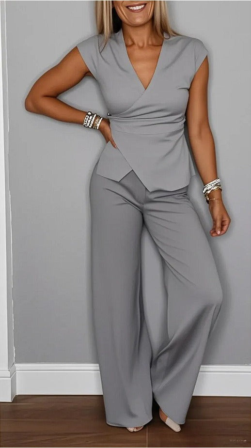 Women’s Two-Piece Set – V-Neck Wrap Top – High-Waist Wide-Leg Trousers – Tailored Fit