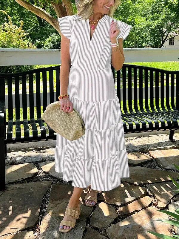 Women’s Midi Dress – Relaxed Fit – V-Neck – Tiered Skirt – Short Ruffle Sleeves – Cotton