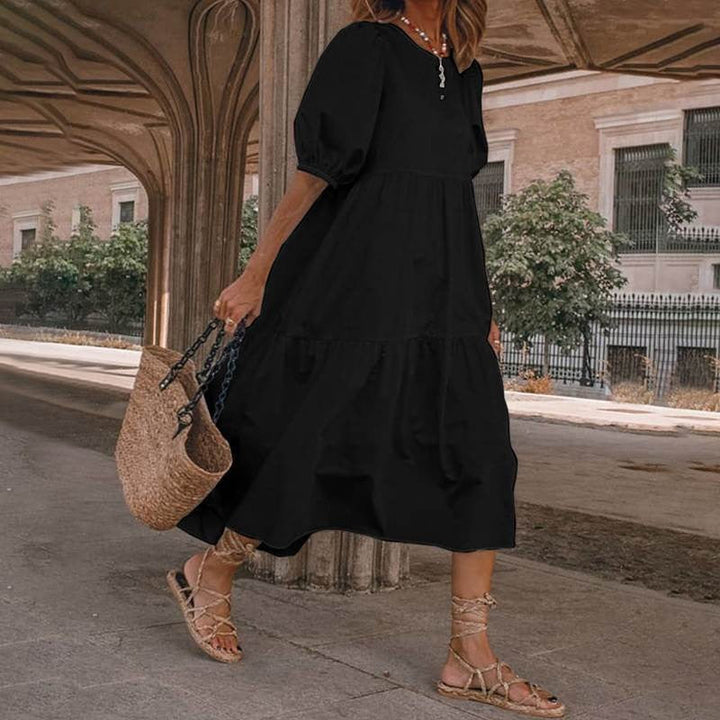 Women’s Midi Dress – Cotton Blend – A-Line Fit – V-Neck Boho Style – Puff Sleeves