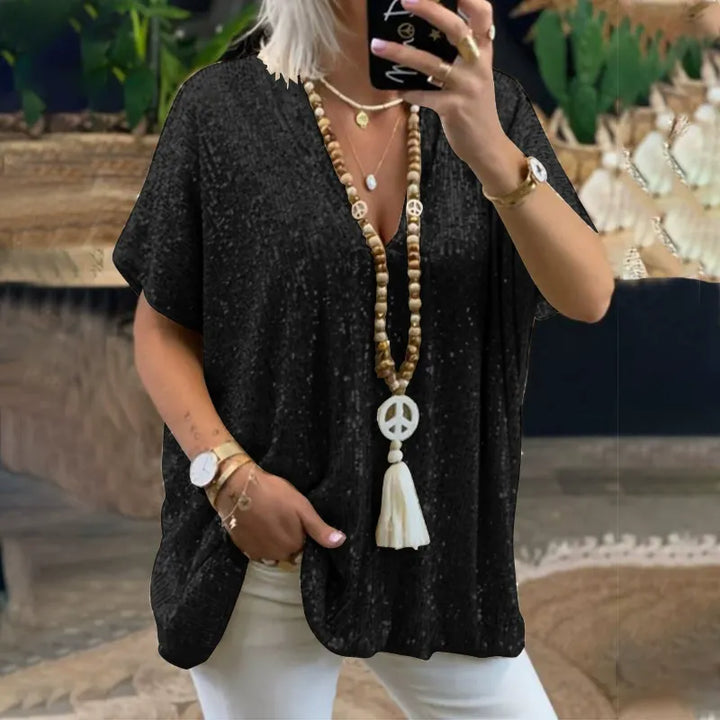 Women’s V-Neck T-Shirt – Relaxed Fit – Short Sleeve – Sequin Embellished