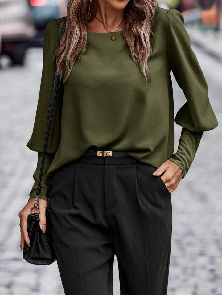 Women’s Blouse – Satin – Relaxed Fit – Puff Sleeve – Button Detail – Hip Length