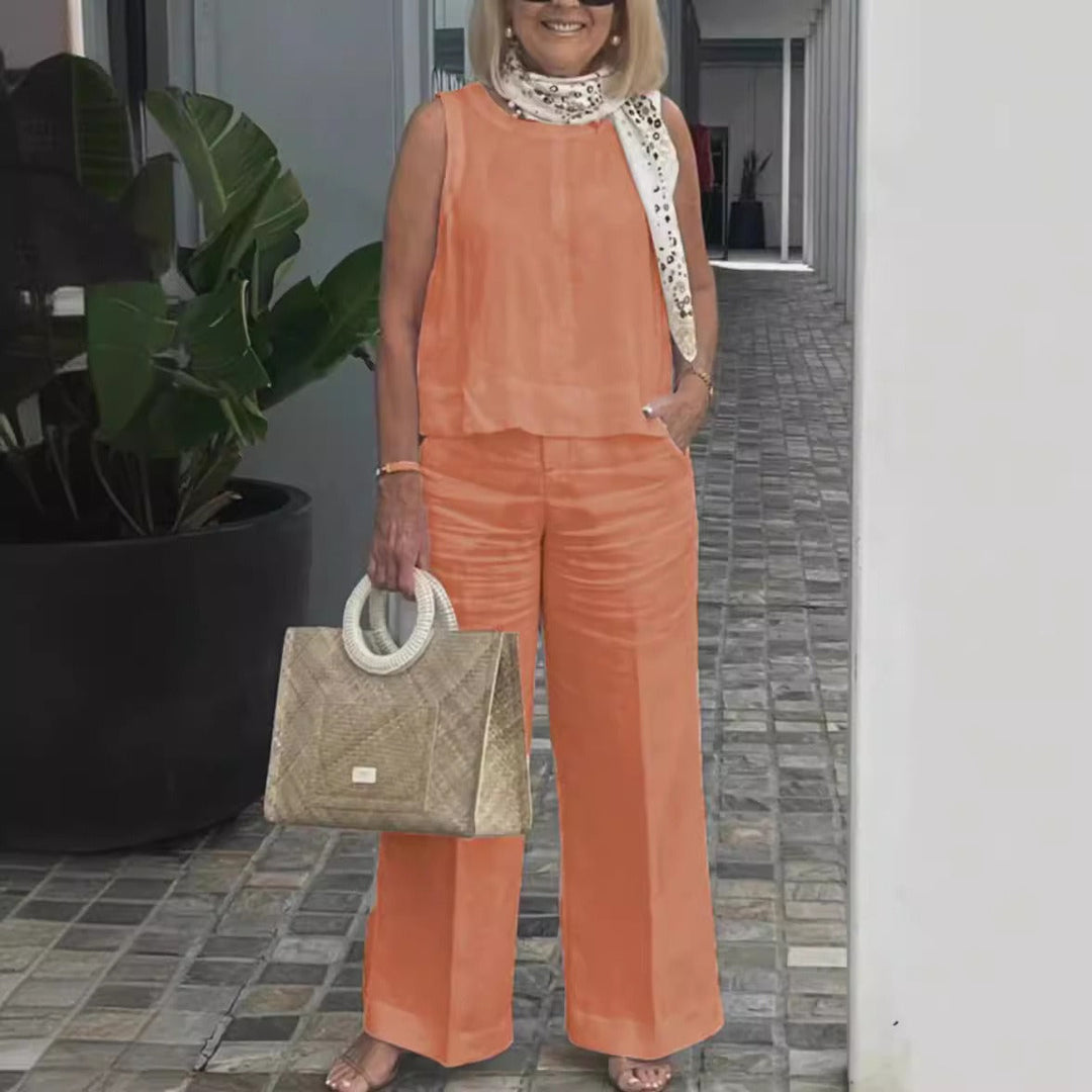 Women’s Two-Piece Set – Relaxed Fit – Cotton Linen – Sleeveless Top – Wide-Leg Pants