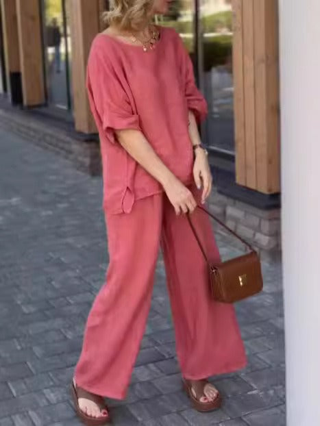 Women’s Two-Piece Set – Relaxed Fit – Cotton Linen – Wide Leg Pants – Short Sleeve Top