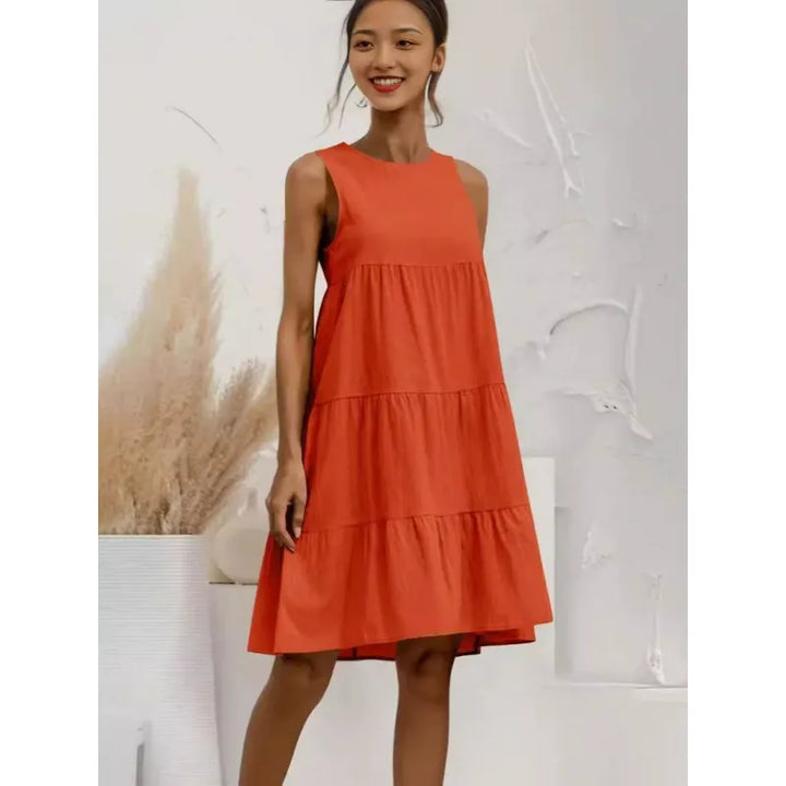 Women’s Sleeveless Dress – Cotton Linen Blend – Loose Fit – Tiered A-Line Midi