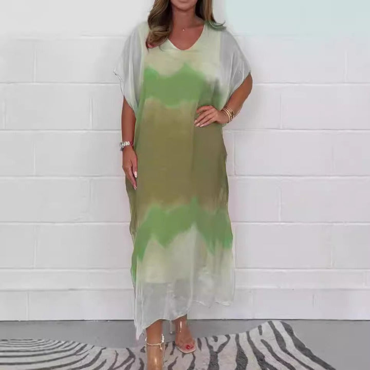 Women’s Maxi Dress – Chiffon – V-Neck – Short Sleeve – Flowy Fit – Ombre Gradient