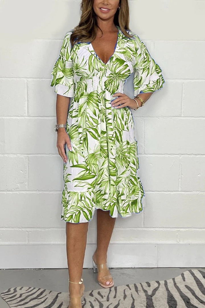 Women’s Midi Dress – Loose Fit – High Waist – Ruffle Sleeve – V-Neck Cotton Blend