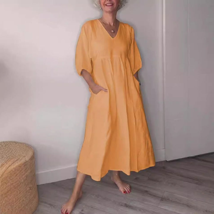 Women’s Midi Dress – Cotton Linen – Relaxed Fit – V-Neck – Cuffed Sleeves – Pockets