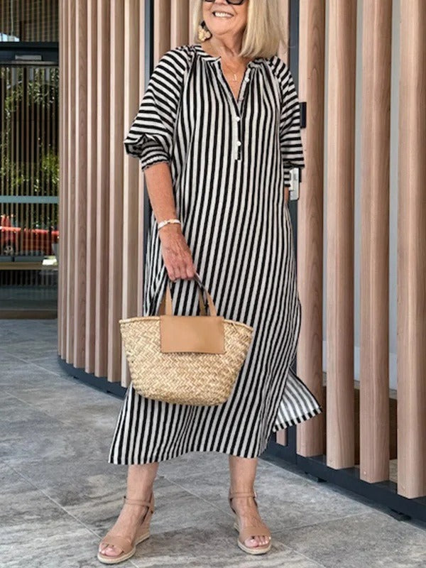 Women’s Midi Dress – V-Neck – Flutter Sleeve – Striped – Relaxed Fit – Cotton Blend