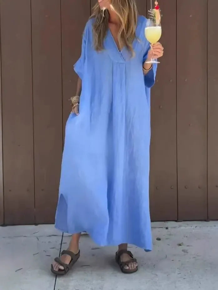 Women’s Maxi Dress - Cotton - Loose Fit - V-Neck - Short Sleeve