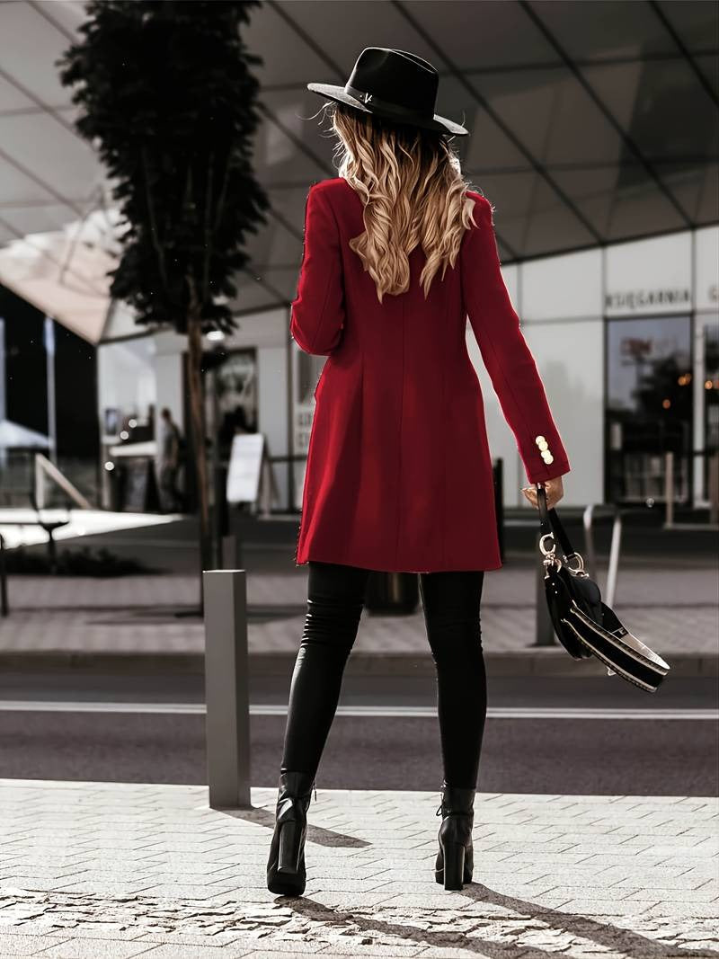 Women’s Wool Coat Jacket – Slim Fit – Double-Breasted – Tailored Lapels – Mid-Thigh Length