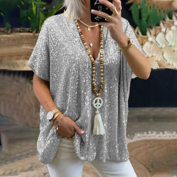 Women’s V-Neck T-Shirt – Relaxed Fit – Short Sleeve – Sequin Embellished