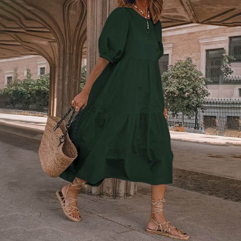 Women’s Midi Dress – Cotton Blend – A-Line Fit – V-Neck Boho Style – Puff Sleeves