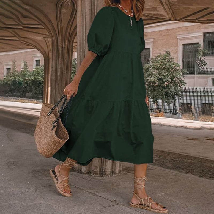 Women’s Midi Dress – Cotton Blend – A-Line Fit – V-Neck Boho Style – Puff Sleeves