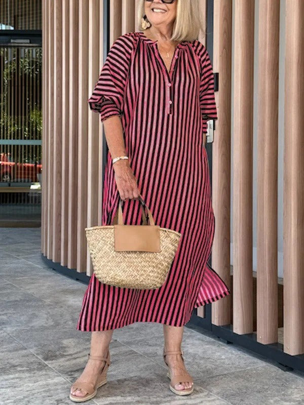 Women’s Midi Dress – V-Neck – Flutter Sleeve – Striped – Relaxed Fit – Cotton Blend