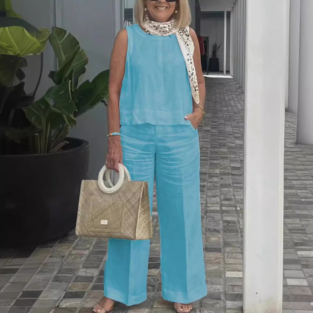 Women’s Two-Piece Set – Relaxed Fit – Cotton Linen – Sleeveless Top – Wide-Leg Pants