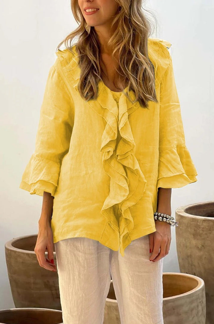 Women’s V-Neck Top – Loose Fit – Flying Sleeves – Ruffle Trim – Linen Blend