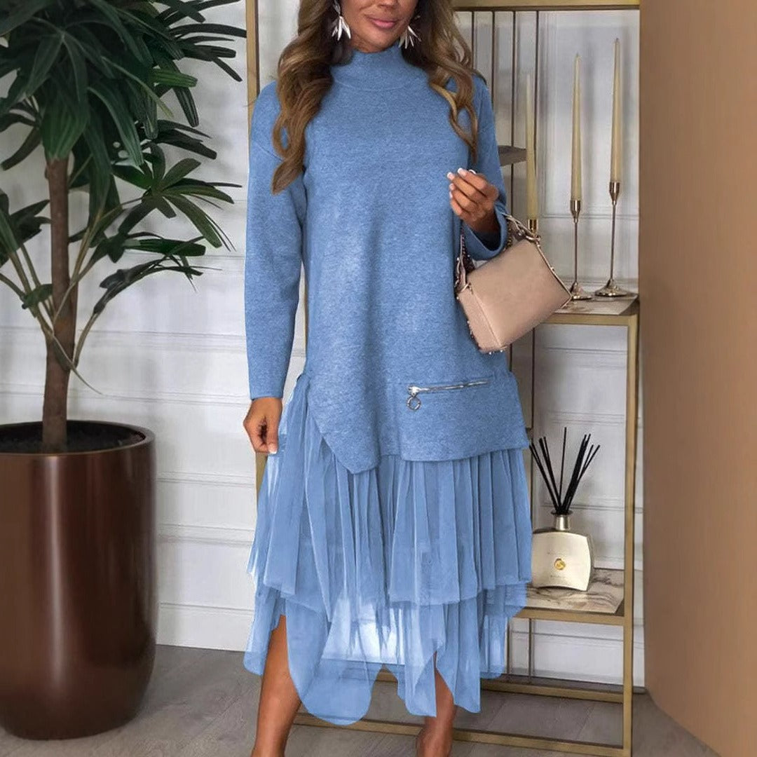 Women’s Casual Dress - Knit Top - Mesh Skirt - A-Line Fit - Long Sleeve - Midi Length