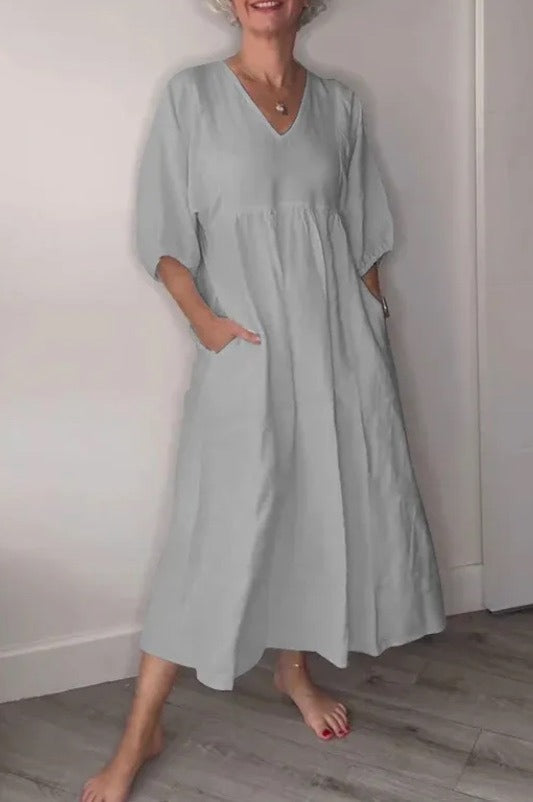 Women’s Midi Dress – Cotton Linen – Relaxed Fit – V-Neck – Cuffed Sleeves – Pockets