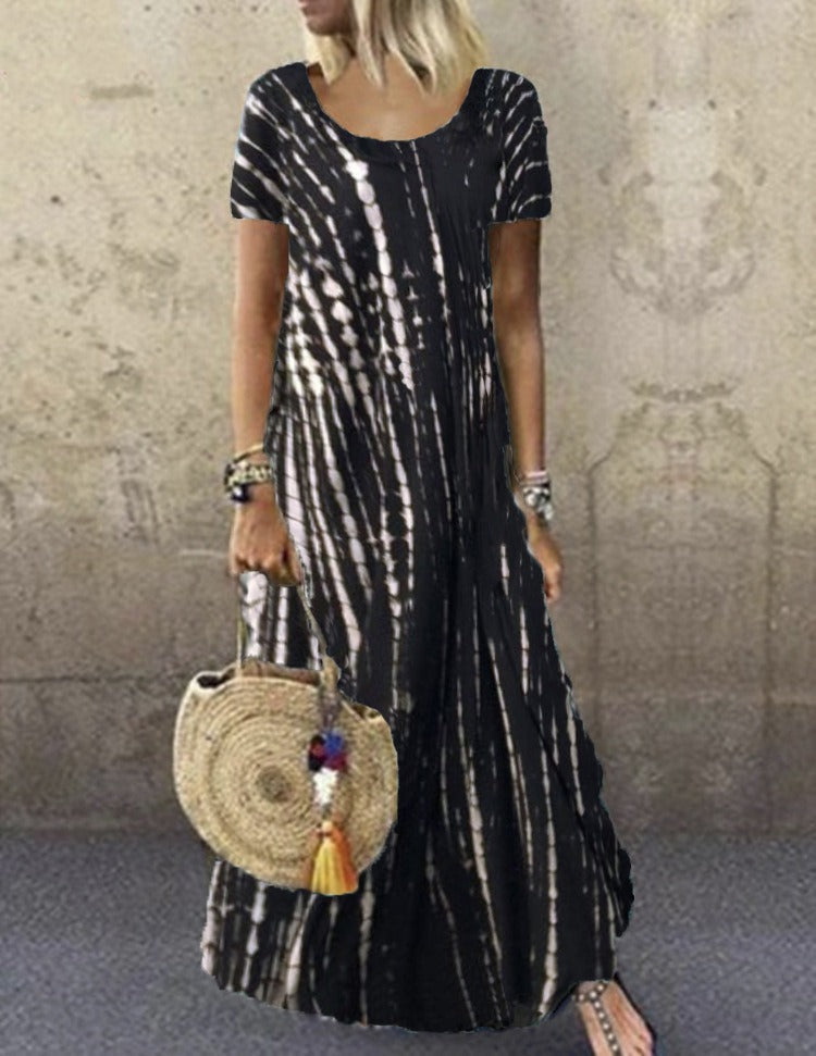 Women’s Maxi Dress – Loose Fit – Tie-Dye Print – Short Sleeve – Breathable Cotton Fabric