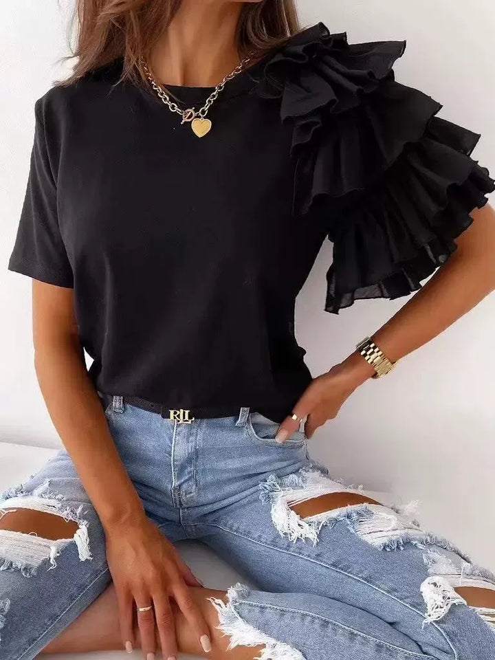 Women’s T-Shirt – Cotton Blend – Asymmetrical Ruffle Shoulder – Casual Fit – Short Sleeve