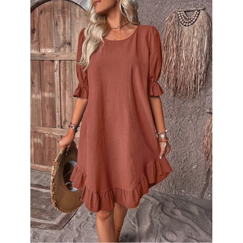 Women’s A-Line Dress – Cotton Linen – Ruffle Trim – Mid Sleeve – Relaxed Fit