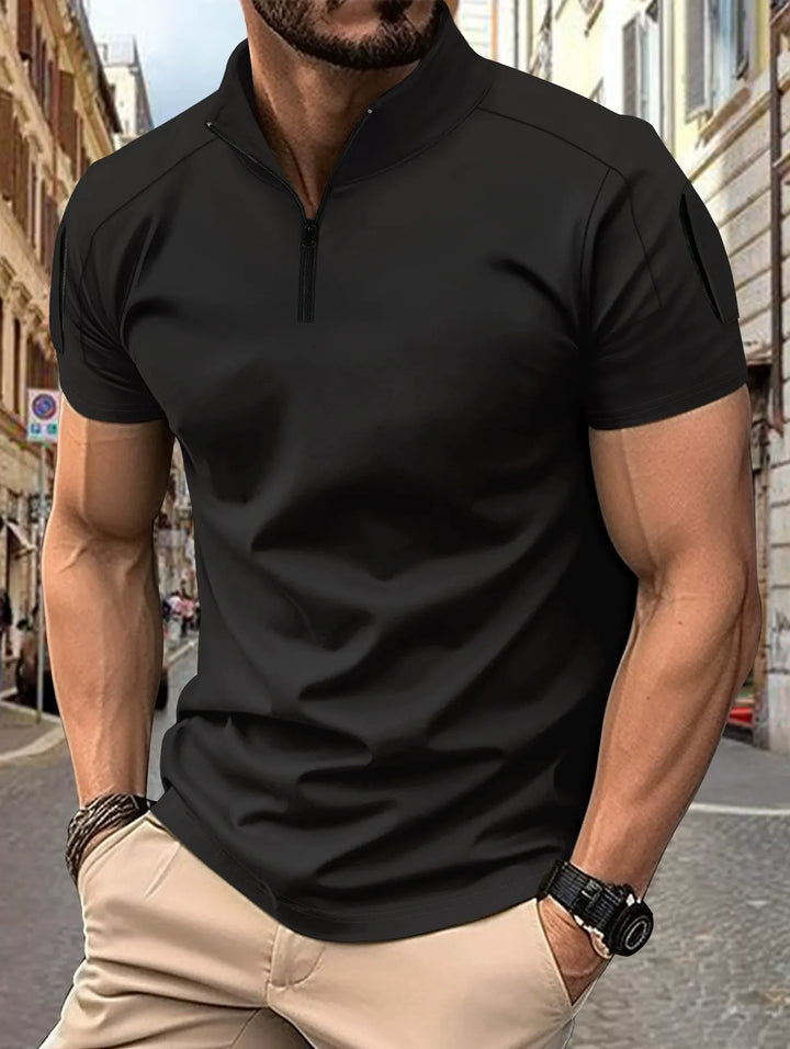 Men’s Polo Shirt - Slim Fit - Cotton Blend - Zip Collar - Tactical Sleeve Pockets