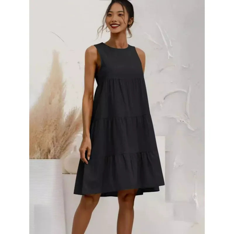 Women’s Sleeveless Dress – Cotton Linen Blend – Loose Fit – Tiered A-Line Midi