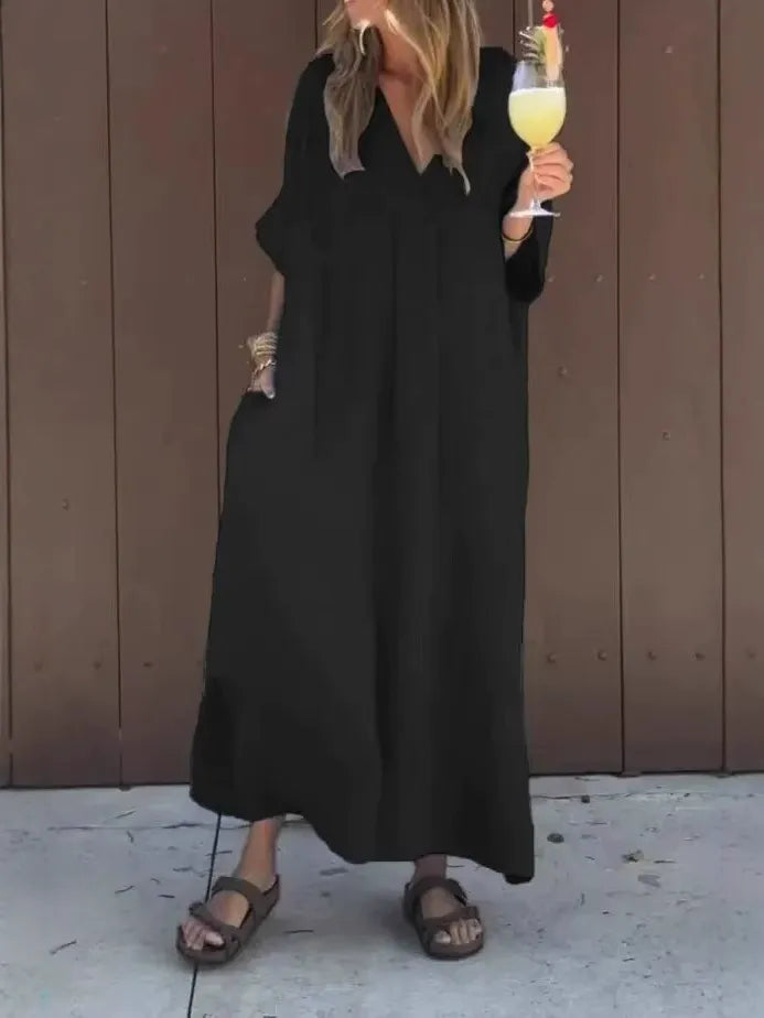 Women’s Maxi Dress - Cotton - Loose Fit - V-Neck - Short Sleeve
