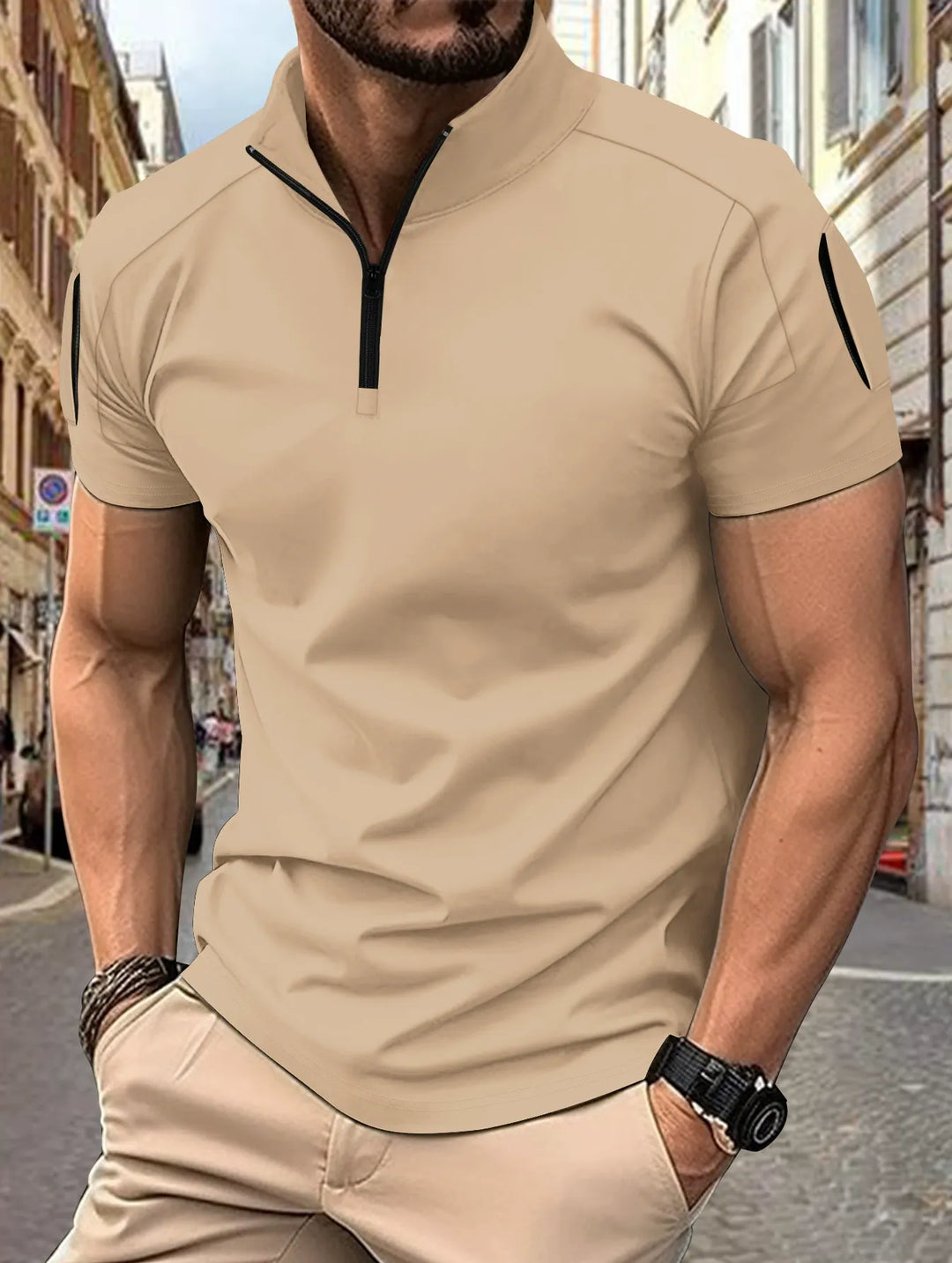 Men’s Polo Shirt - Slim Fit - Cotton Blend - Zip Collar - Tactical Sleeve Pockets