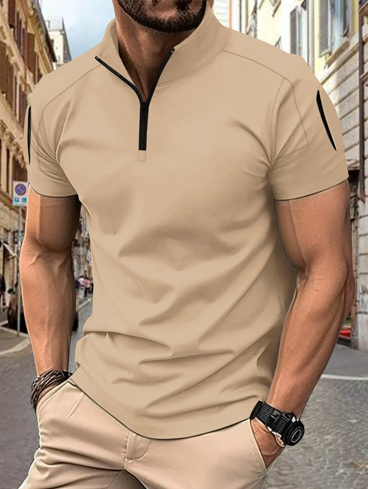 Men’s Polo Shirt - Slim Fit - Cotton Blend - Zip Collar - Tactical Sleeve Pockets