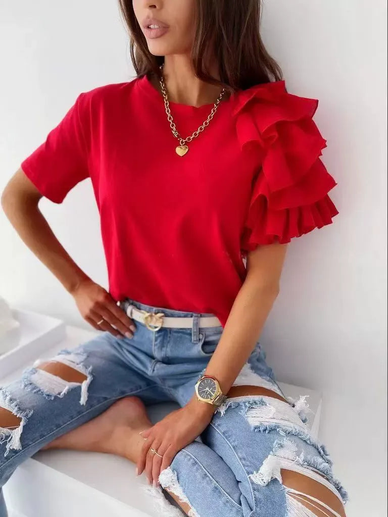 Women’s T-Shirt – Cotton Blend – Asymmetrical Ruffle Shoulder – Casual Fit – Short Sleeve