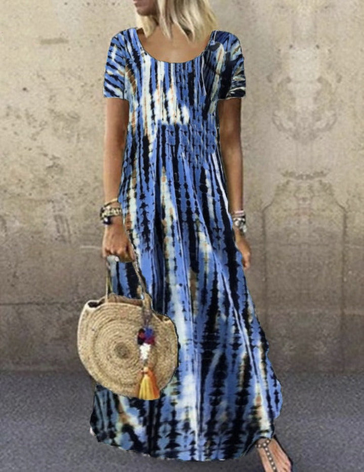 Women’s Maxi Dress – Loose Fit – Tie-Dye Print – Short Sleeve – Breathable Cotton Fabric