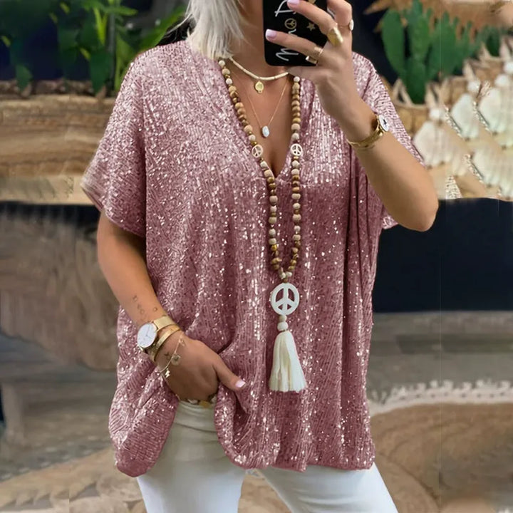 Women’s V-Neck T-Shirt – Relaxed Fit – Short Sleeve – Sequin Embellished