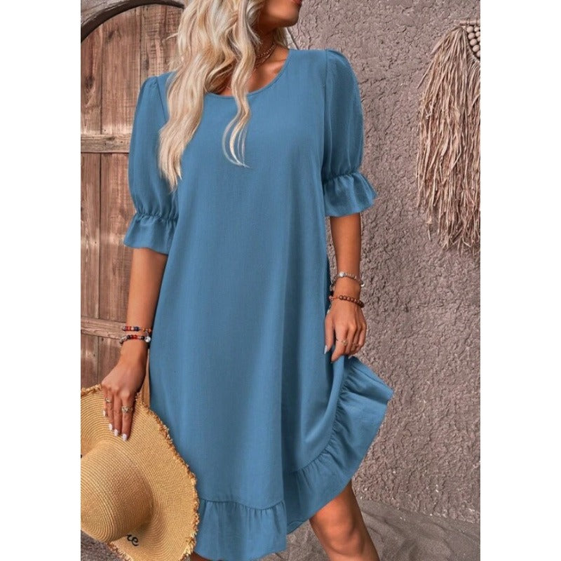 Women’s A-Line Dress – Cotton Linen – Ruffle Trim – Mid Sleeve – Relaxed Fit
