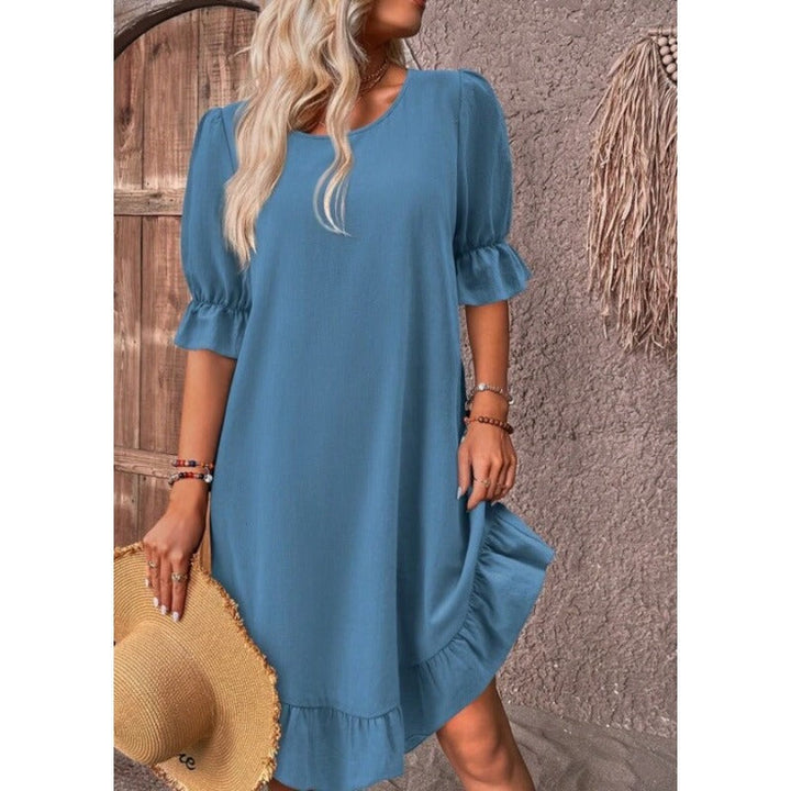 Women’s A-Line Dress – Cotton Linen – Ruffle Trim – Mid Sleeve – Relaxed Fit