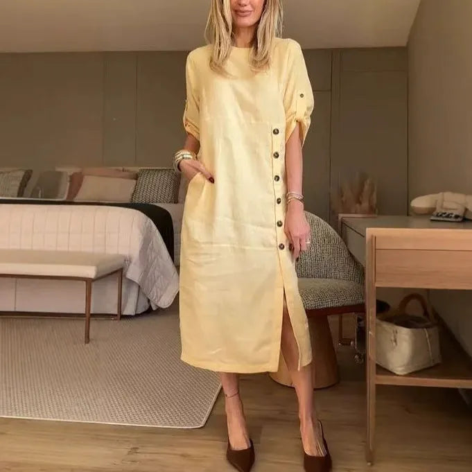 Women’s Midi Dress – Cotton Linen – Relaxed Fit – Short Sleeve – Side Button Detail
