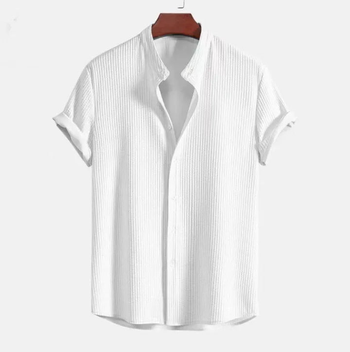 Men’s Short Sleeve Shirt – Cotton – Jacquard Texture – Regular Fit – Band Collar Casual Wear