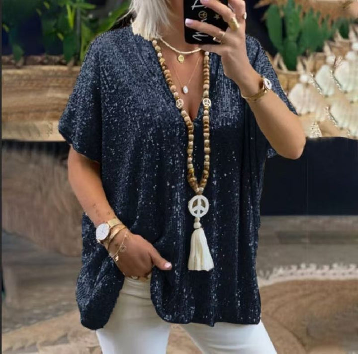 Women’s V-Neck T-Shirt – Relaxed Fit – Short Sleeve – Sequin Embellished