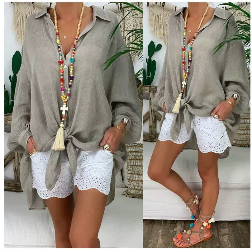 Women’s Long Sleeve Blouse – Oversized Fit – Button Up – Cotton Linen – Casual Style