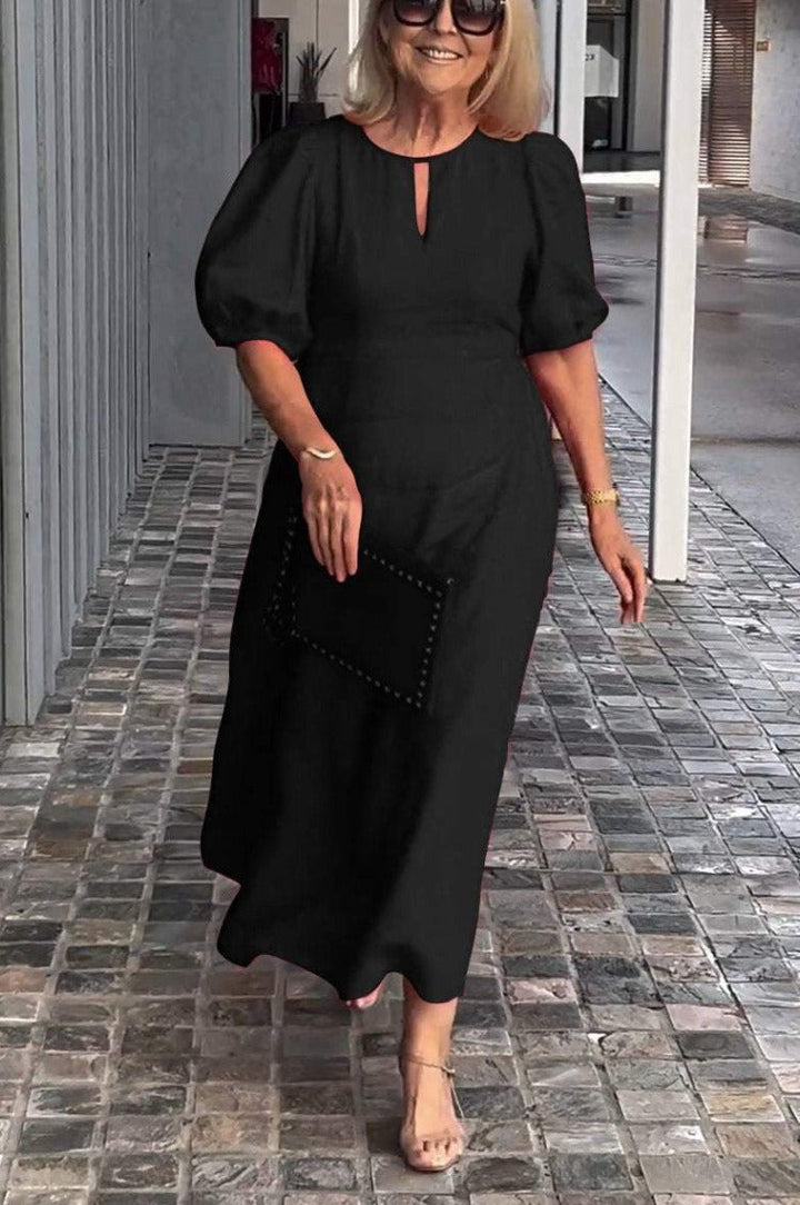 Women’s Midi Dress - Relaxed Fit - Puff Sleeve - Cotton - Round Neck with Keyhole Detail