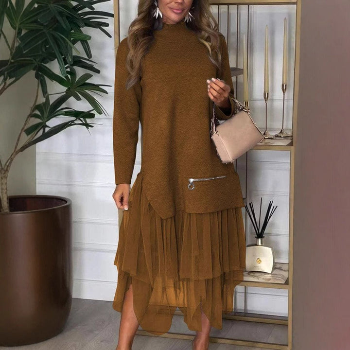 Women’s Casual Dress - Knit Top - Mesh Skirt - A-Line Fit - Long Sleeve - Midi Length