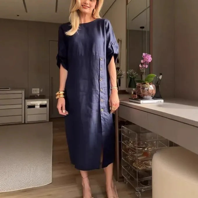 Women’s Midi Dress – Cotton Linen – Relaxed Fit – Short Sleeve – Side Button Detail