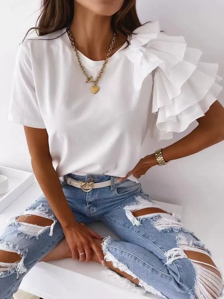Women’s T-Shirt – Cotton Blend – Asymmetrical Ruffle Shoulder – Casual Fit – Short Sleeve