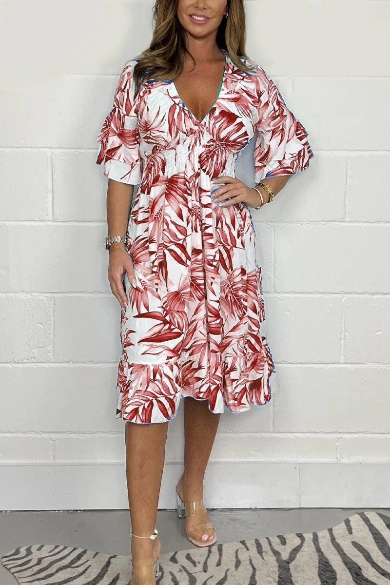 Women’s Midi Dress – Loose Fit – High Waist – Ruffle Sleeve – V-Neck Cotton Blend